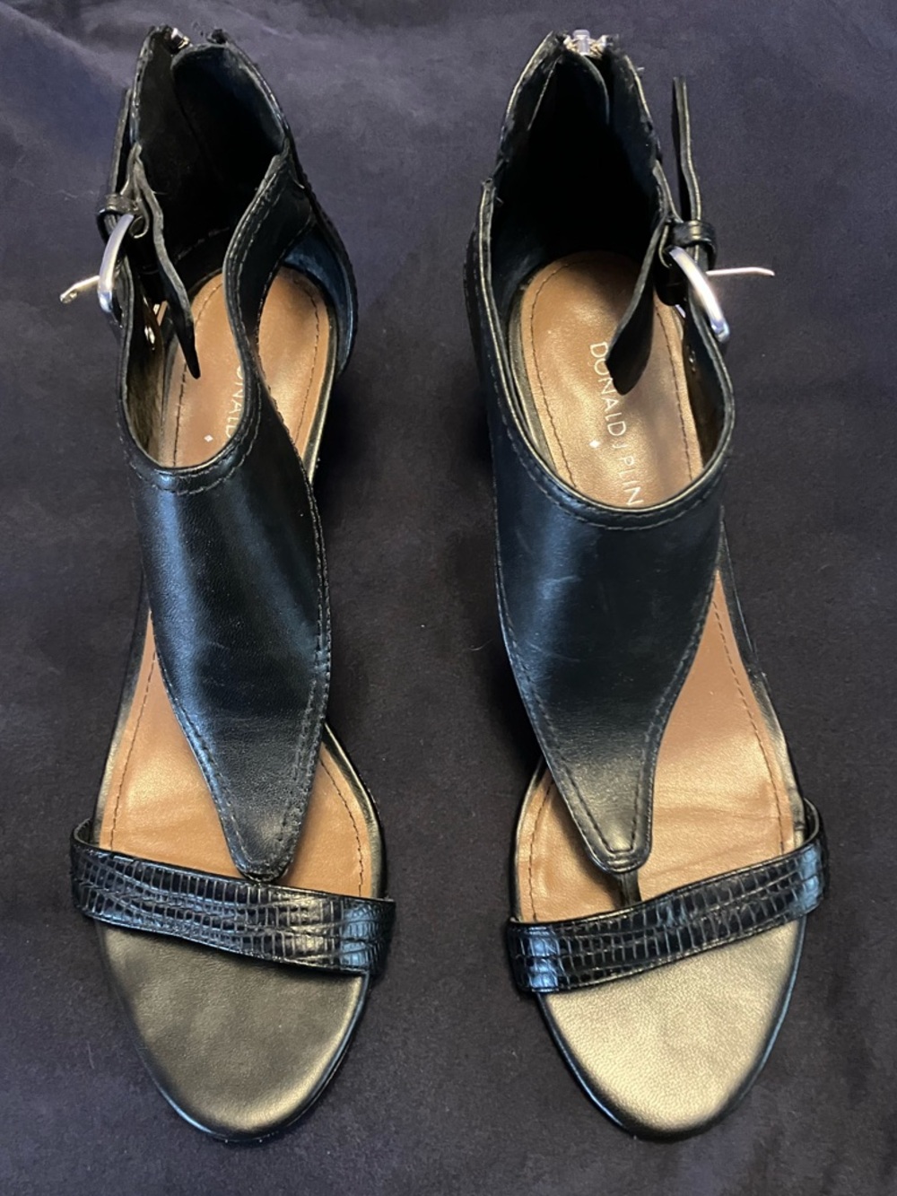 Donald J. Pliner Black Leather Ankle-Strap Wedge Heels